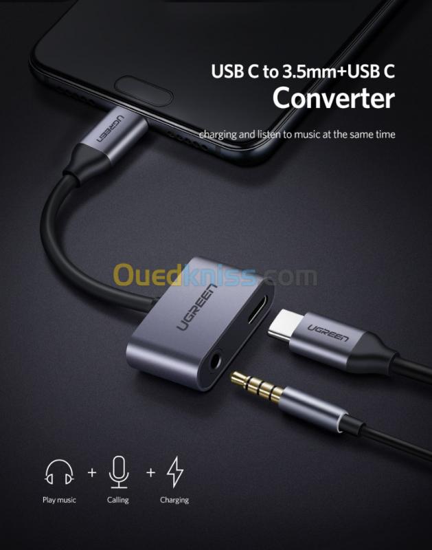  Adaptateur T  USB C vers 3,5 mm, écouteurs audio AUX 2 en 1 + charge PD Huawei + OnePlus + Xiaomi