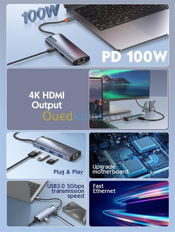 Station d'accueil USB-C/HUB 6en1 DS16H USB-C+HDMI+USB3.0*3+RJ45 (Gigabit 1000Mbp/s)LDNIO en métal