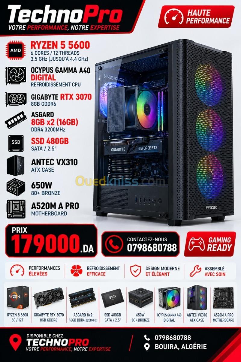 CONFIG PC GAMING RYZEN 5 5600 - Gigabyte RTX 3070 8GB - Asgard 16GB (2x8GB) DDR4 - MSI A520M-A PRO - SSD 480GB SATA - Ocypus Gamma A40 Digital - Antec VX310 650W 80+ Bronze - PC GAMER