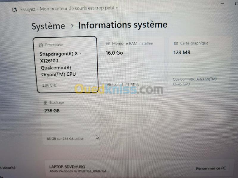 ASUS VIVOBOOK 16 SNAP X1-26-100 16GB 8500HZ 256GB 16 POUCES 13