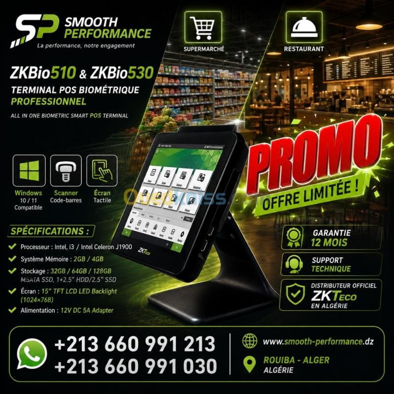 Terminal POS Biométrique ZKTeco ZKBio510 & ZKBio530 |  Écran Tactile 15"