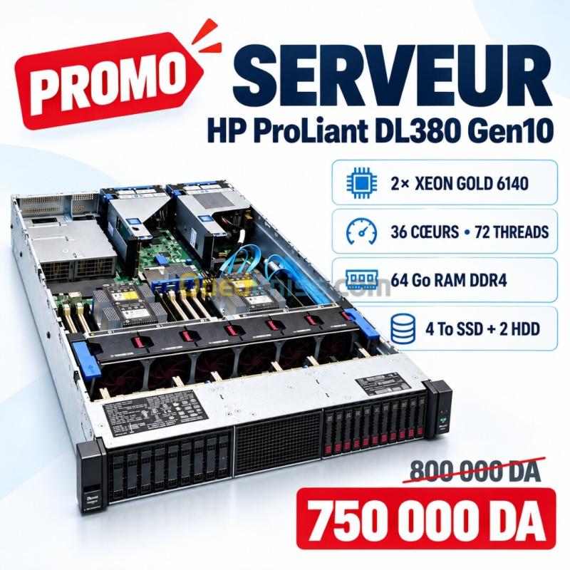 PROMO HP ProLiant DL380 Gen10 - 2x Xeon Gold - 36 Cœurs / 72 Threads - 64 Go DDR4