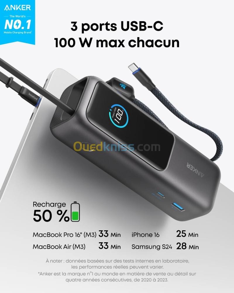 PowerBank Anker (25K, 165 W, câble intégré + câble rétractable) 3