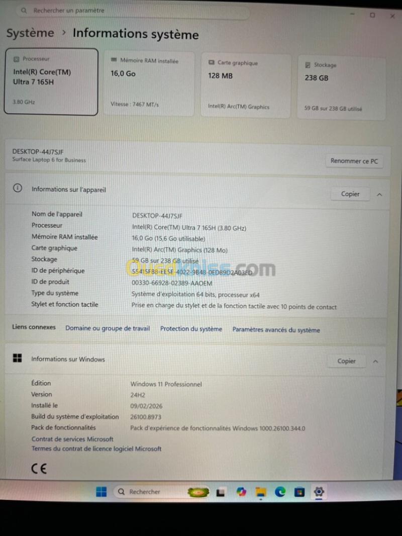 SURFACE LAPTOP 6 15'' 2K TACTILE Ultra 7 165H  16RAM 256 SSD CARTE  GRAPHIC INTEL ARC GRAPHICS BATTERIE +5 HEURES ETAT 10/10 GARANTIE 06 MOIS A3-6 3